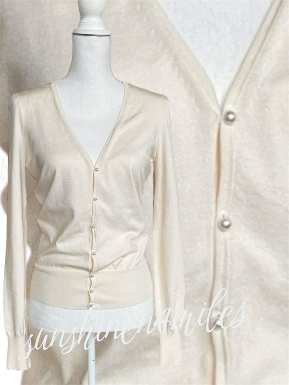 EXPRESS Off-White / IVORY Silk-Blend V-Neck Pearlized-Button Cardigan Sweater